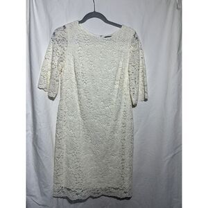 Lauren Ralph Lauren Off‎ White Lace Dress Sz 12 Petite Short Sleeve EUC Q26
